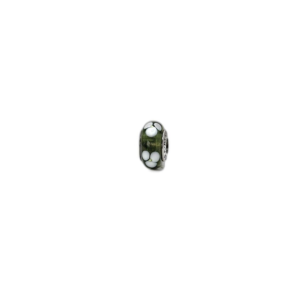 Pandora White Flowers Green Murano Glass Authentic Bead Charm